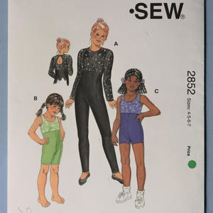 Kwik Sew 2852.  Girl's unitards pattern.  Empire waist unitard, dance wear pattern.  SZ 4-7 Uncut