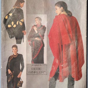May include: Vogue Accessories pattern featuring multiple fashion designs. The image shows a red cape, a black dress with a shawl, and other garments. The pattern is designed by Bebe Winkler and is one size.