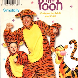May include: A Simplicity sewing pattern envelope 0601 for a Disney Winnie the Pooh Tigger costume for adult and child. The package features orange and black striped plush jumpsuits with yellow chest panels and attached hoods with ears.