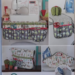 May include: Simplicity sewing pattern 8822 for organizers featuring cactus and llama prints. Includes instructions for sewing machine mats with pockets, hanging storage, and ironing accessories. The pattern envelope displays finished items with various fabric designs.