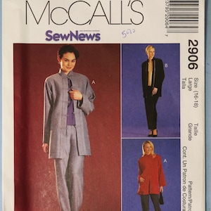 May include: McCall's sewing pattern 2906, featuring a woman in a gray suit with a long jacket and matching pants. The pattern includes images of other suit styles. The text "SewNews" is visible.