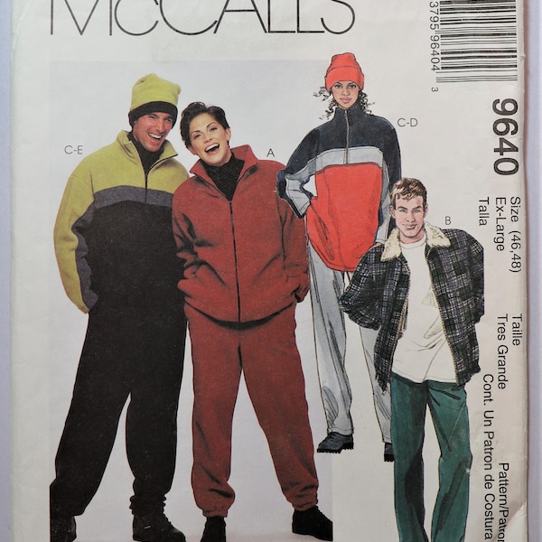 McCall's 9640.  Sports bomber  jacket, pullover top, pull on pants and hat pattern.  Unisex outerwear pattern. SZ XL (46-48) Uncut