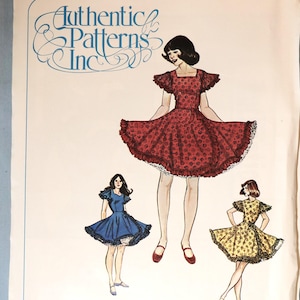 May include: A sewing pattern envelope labeled Authentic Patterns Inc 280. The cover features illustrations of three dresses with square necklines, ruffled sleeves, and ruffled hemlines in red, blue, and yellow floral or solid fabric designs.