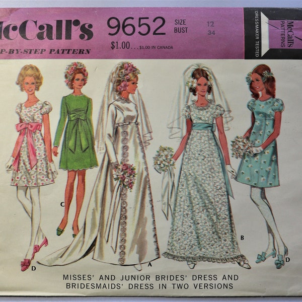 McCall's 9652.  Misses bridal gown pattern.  Vintage 1969 wedding dress pattern. Regency Empire waist bridal. Mini dress bridesmaid. SZ 12.