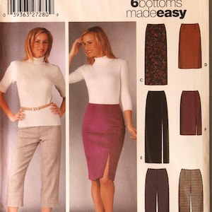 May include: Simplicity sewing pattern 5259 titled 6 bottoms made easy. The envelope features illustrations of six different skirt and pant styles, including a magenta knee-length skirt with a side slit, plaid cropped pants, and various long skirts.