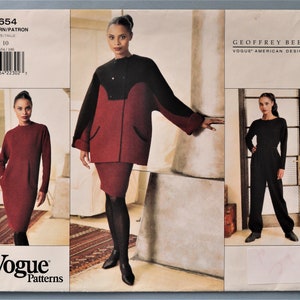 May include: A Vogue Patterns sewing pattern featuring designs by Geoffrey Beene. The cover showcases three different outfits: a burgundy dress, a red and black coat and skirt ensemble, and a black jumpsuit. The pattern number is 1654.