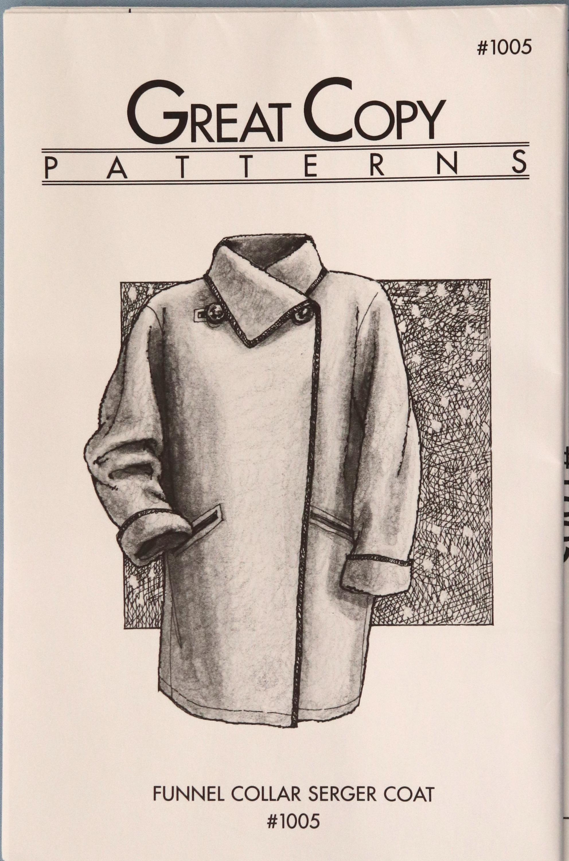 Great Copy 1005 pattern.  Funnel Collar Serger Coat pattern.  Serger finish   funnel collar fleece coat pattern.  SZ XS-XL Uncut