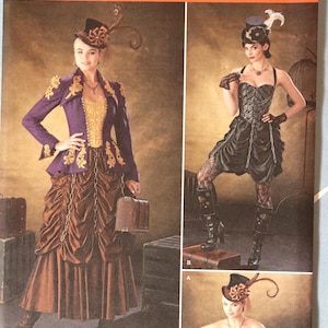 May include: Simplicity sewing pattern featuring steampunk-inspired costumes. The pattern includes designs for a purple jacket with gold accents, a corset, and a ruffled skirt. The size range is US sizes 14-22.
