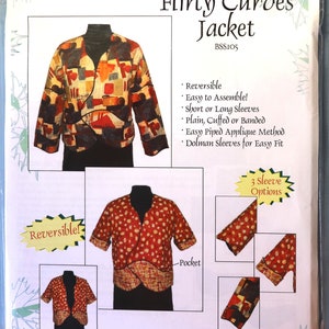 May include: A sewing pattern for a reversible "Flirty Curves Jacket" by Brensan Studios. The jacket features a unique design with multiple sleeve options and an easy piped applique method. The pattern includes short or long sleeves and is easy to assemble.
