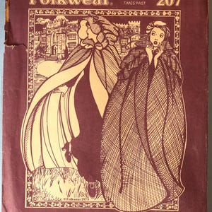 May include: A maroon Folkwear pattern envelope 207 for a Kinsale Cloak. The cover features a cream-colored line drawing of two figures wearing long cloaks in front of a castle. Text includes Folkwear, Patterns From Times Past, and Kinsale Cloak.