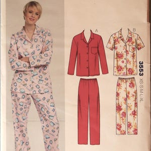 May include: A Kwik Sew 3553 sewing pattern envelope for pajamas. The front displays a model wearing pink pajamas with a blue kitchen appliance print, alongside illustrations of two pajama styles: a solid red set and a floral print set.