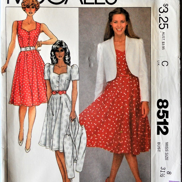 McCall's 8512.  Misses dress and jacket pattern.  Vintage 1983   Sun dress, jacket  pattern. Size 8. Uncut