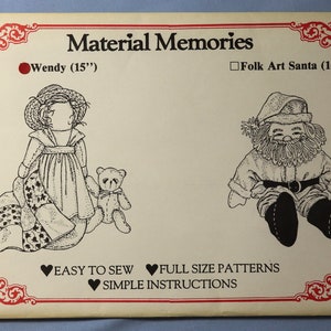 Material Memories Wendy doll pattern.  15 inch  rag doll, quilt and bear pattern.  Uncut