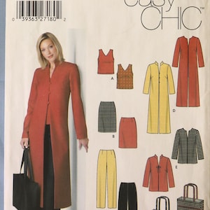 May include: A Simplicity Easy Chic sewing pattern featuring a woman in a red coat and various garment illustrations. The pattern includes sizes AA 10, 12, 14, 16, and 18. The image also shows a black tote bag.