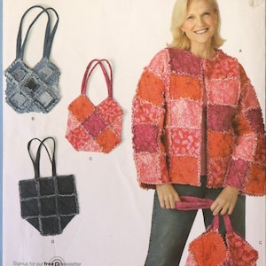 May include: Simplicity sewing pattern featuring a patchwork jacket and tote bags. The jacket and tote bags are made of squares in shades of pink and orange. The pattern includes sizes A, S, M, L, and XL.