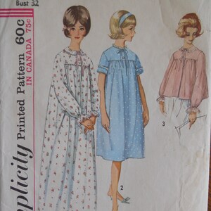 May include: Vintage Simplicity printed sewing pattern featuring three sleepwear designs. The illustrations depict a long floral nightgown, a blue polka-dot nightgown, and a pink top with white shorts. The pattern is for Misses size 12, bust 32 inches.