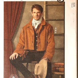 May include: A McCall's M8399 sewing pattern envelope for costumes featuring a tan suede-look jacket with fringe on the sleeves and chest, a white neck scarf, a dark vest, dark trousers, and a light tan cowboy hat. The text reads McCall's COSTUMES.