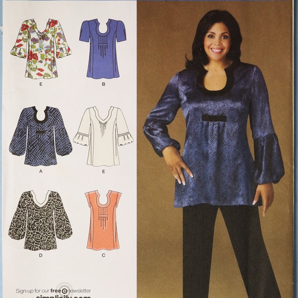 Simplicity 2841.  Women's tunic top pattern.  Khaliah Ali loose fit tunic with sleeve, neckline variations pattern.  SZ 18W-24W Uncut