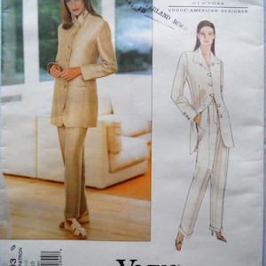 May include: Vogue Patterns sewing pattern featuring a Donna Karan design. The pattern includes a full-length suit with a long jacket and pants. The image shows a woman wearing the suit in a light tan color. The pattern size is 6-8-10.