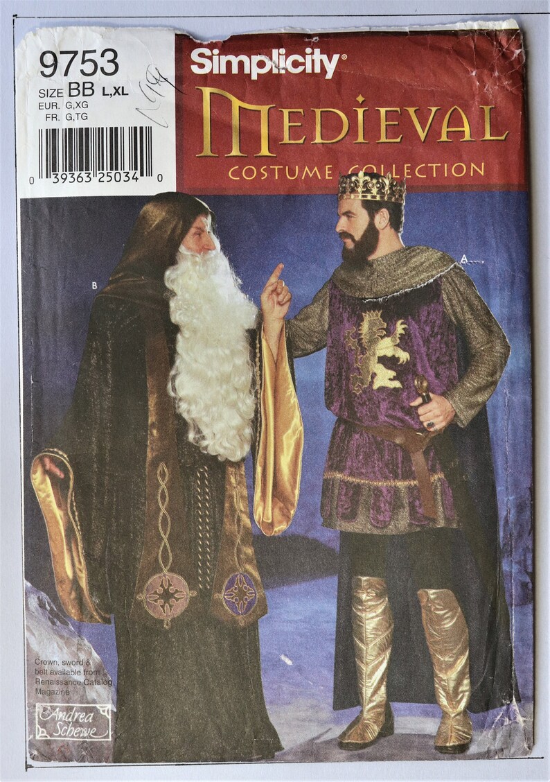 Simplicity 9753 Merlin wizard costume Wizard costume pattern Men/'s Medieval King costume pattern SZ L Uncut XL King Arthur pattern