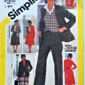 May include: A Simplicity 5240 sewing pattern envelope for miss sizes 18 and 20. The cover features illustrations of a blazer, vest, trousers, and skirts in various solid and plaid fabrics, with the text Simplicity 5240 and GO EVERYWHERE.