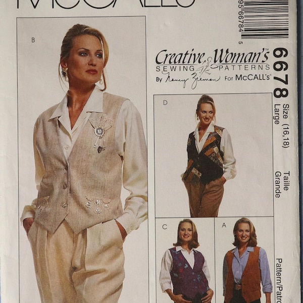 McCall's 6678.  Misses vest pattern.  Reversible Patchwork embroidered classic vest pattern. SZ Large (16,18)  Uncut