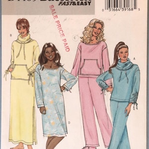 May include: Butterick B4405 sewing pattern envelope featuring illustrations of four loungewear styles: a yellow long dress, a light blue patterned nightgown, a pink top with matching pants, and a teal top with matching pants, all with pockets.