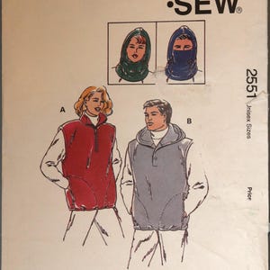 May include: Kwik Sew pattern 2551 for a unisex vest and hood. The envelope features illustrations of a red vest with a zipper and a grey hooded vest with buttons. Includes sizing information for XS-S-M-L-XL vests and S-L hoods, with design credits to Kerstin Martensson.
