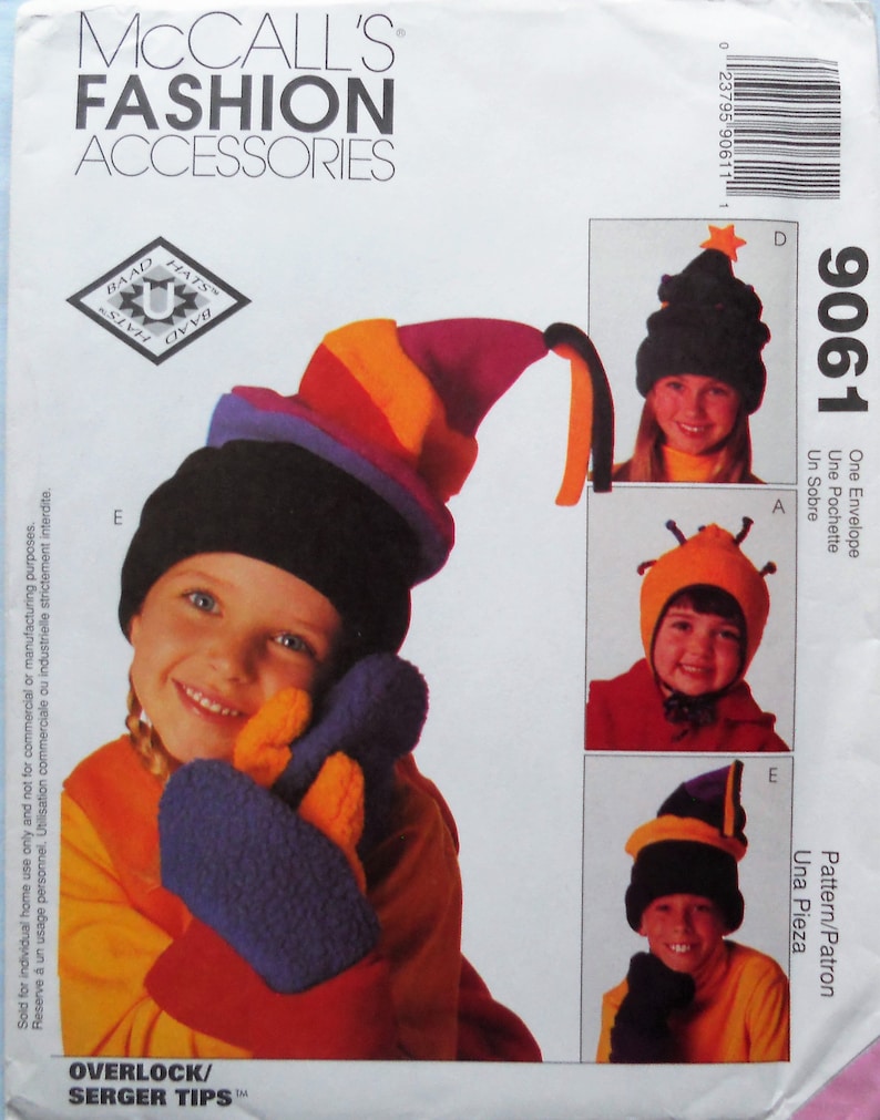 Adult and child fleece hats and mittens pattern McCall/'s 9061 Fleece hats and mittens pattern Uncut Novelty fleece hats pattern