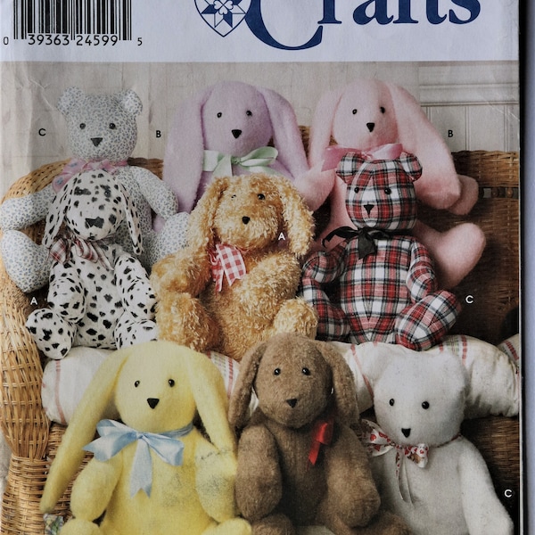 Simplicity 9524.  Stuffed animals pattern.  Two pattern pieces stuffed animals pattern. Stuffed bunny, dog, bear. 14" fabric animals. Uncut