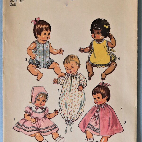 Simplicity 5275.  Baby doll clothes pattern.  Vintage 1972 clothes for baby doll.  Baby doll dress, romper, sun suit, bunting pattern.