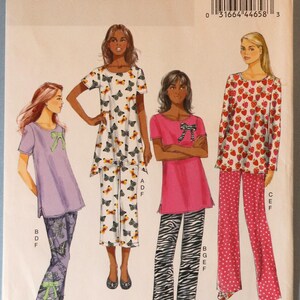 May include: A sewing pattern for women's pajamas. The pattern features various pajama sets with different designs, including butterfly, strawberry, and zebra prints. The pattern is labeled B5829 Butterick.