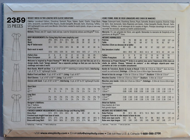 Simplicity 2359. Misses Dress Pattern. Empire Waist Day or Evening ...