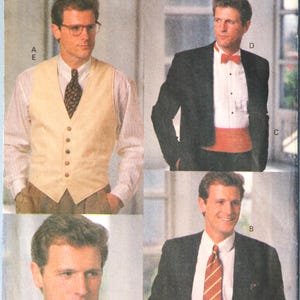 May include: Butterick pattern 6098 envelope featuring illustrations of formal attire. The designs include a light-colored vest, a black tuxedo jacket with a red bow tie and cummerbund, a black tuxedo jacket with a black bow tie, and a dark blazer with a striped tie.