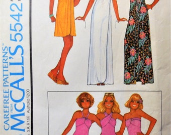 McCall's 5542.  Misses swim suit and cover up pattern. Vintage 1977 Strapless or halter beach wrap sarong, swim suit patern.  SZ 16 Uncut.