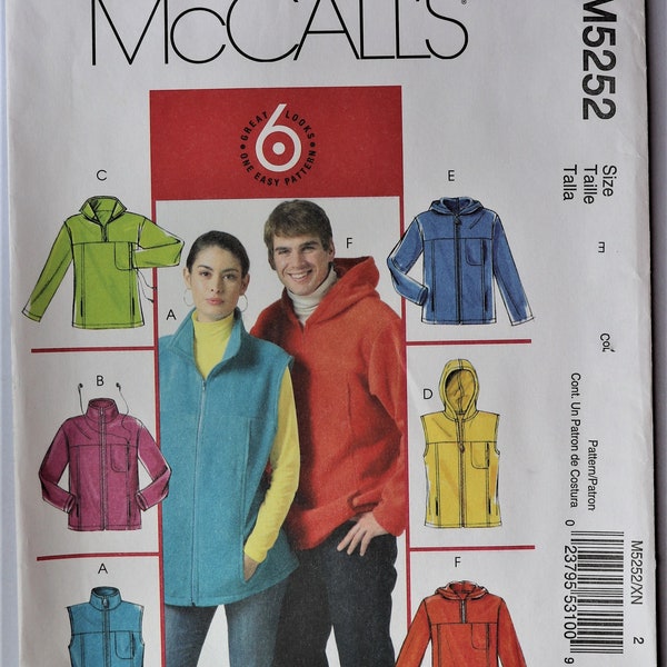 McCall's 5252.  Men/women unlined vest and hooded jacket pattern.  Zippered sports vest pattern.  Hooded pullover pattern.  SZ S,M,L. Uncut