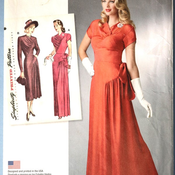 Simplicity 8249.  Women's retro 1940's dress pattern.  1940's day or evening dress with ruched bodice pattern.  SZ 14-22 Uncut