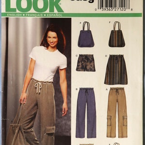 May include: A sewing pattern from New Look featuring various casual clothing designs, including pants, shorts, skirts, and tote bags. The pattern includes sizes A 6-16. The image shows a woman wearing a white t-shirt and olive green pants.
