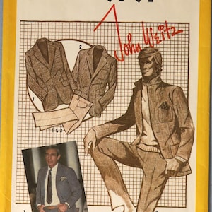 May include: A yellow Simplicity 9791 sewing pattern envelope for a jacket and pants by John Weitz. The cover features illustrations of a jacket and trousers, a photograph of a person in a suit, and the text "SIZE 44 MEN" and "Sweater not included."