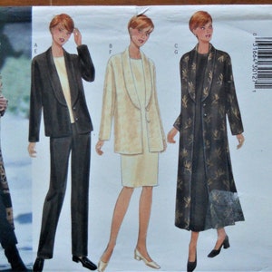 May include: A Butterick Classics 6208 sewing pattern envelope featuring illustrations of four different outfits including a long animal print coat, a black blazer and trousers, a cream blazer and skirt, and a long black coat with gold leaf patterns.