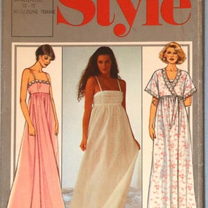 May include: A sewing pattern envelope labeled 4308 Style featuring illustrations of three floor-length nightgowns. Two are sleeveless with square necklines and lace trim, while the third is a wrap-style robe with short sleeves and a floral print.