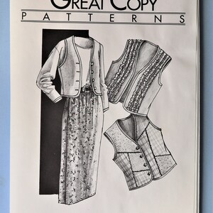 May include: A sewing pattern envelope titled Great Copy Patterns #105, The Best Vest and Formula Wrap Skirt. The cover features black and white illustrations of a vest and skirt outfit, a ruffled vest, and a patchwork vest with buttons and patterns.