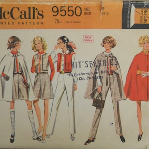 May include: Vintage McCall's 9550 printed sewing pattern. The pattern features illustrations of women's separates, including capes, vests, pants, and culottes. The size is 8, with a bust measurement of 31.5 inches. The pattern is from Canada.