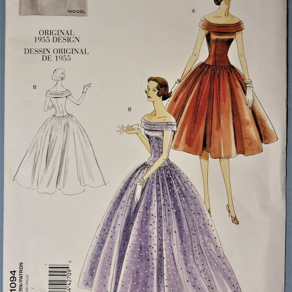 Vogue 1094.  Retro 1955 off shoulder evening gown pattern.  Full skirt dress in two lengths pattern.  Bridal, bridesmaid, prom pattern.