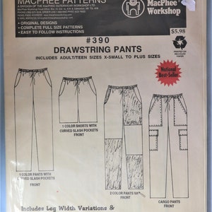 May include: A sewing pattern for drawstring pants, featuring multiple styles including shorts and cargo pants. The pattern includes adult and teen sizes, from X-Small to plus sizes. The package is marked as a National Best-Seller.