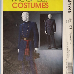 May include: McCall's Costumes pattern featuring a navy blue military-style coat with gold buttons, a red sash, and matching pants. The pattern includes a smaller image of the costume. The size is XN (Xlg-XXI-XXXI).