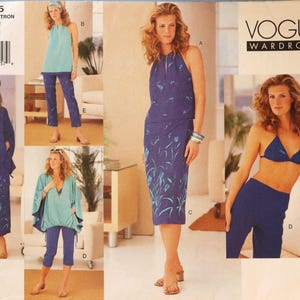 May include: Vogue Wardrobe sewing pattern featuring various women's clothing designs. The pattern includes a halter top, skirt, pants, and a bikini. The clothing items are in shades of blue and feature floral patterns. The pattern size is 8-10-12.