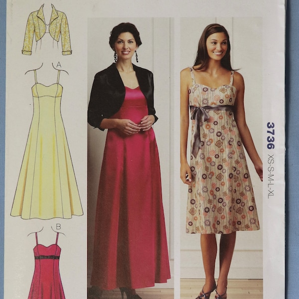 Kwik Sew 3736.  Misses dress and bolero pattern.  Fit flare evening dress, shrug pattern.  Bridesmaid, sundress pattern.  SZ XS-XL Uncut