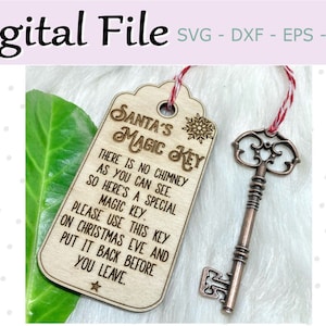 Santa's Magic Key SVG, Archivo digital de la llave de Santa Claus, Archivo de corte láser de la llave de Nochebuena, Archivo para Glowforge