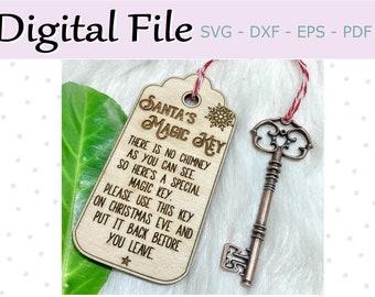 May include: A wooden tag with the text "Santa's Magic Key" and a decorative snowflake. A vintage-style metal key is attached. The tag reads, "There is no chimney as you can see. So here's a special magic key."